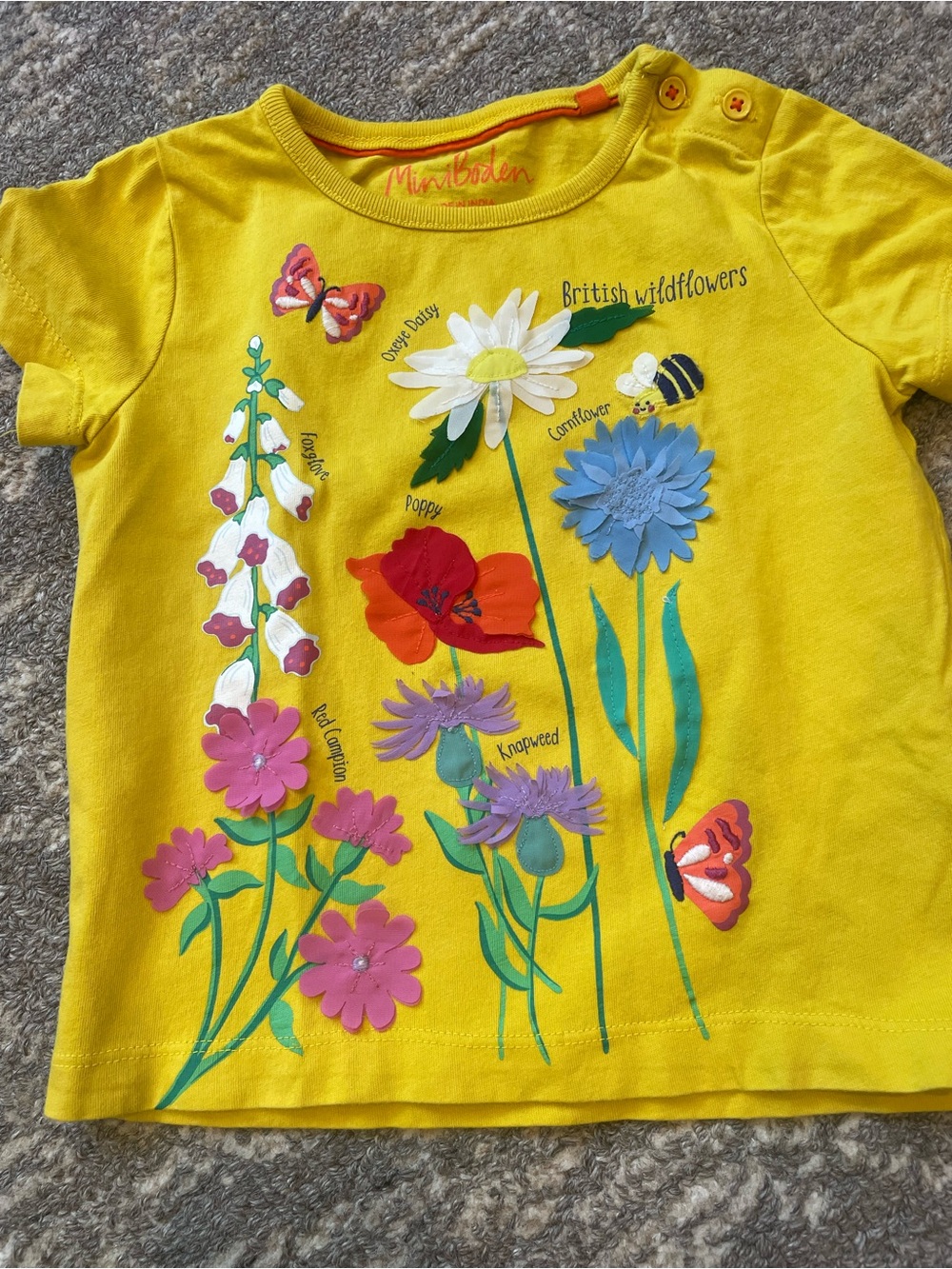 Mini Boden Yellow Short-Sleeve Tee with Colorful Wildflower Appliqués